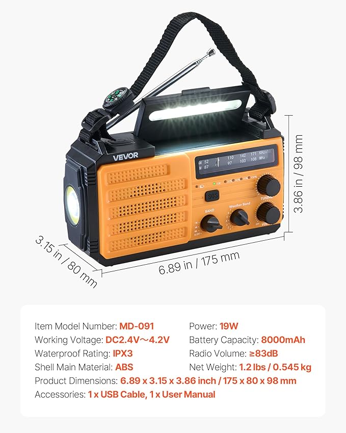 VEVOR Emergency Weather Radio, 8000mAh Battery, FM/AM/WB/NOAA Alert Solar Hand Crank Emergency Radio, Type-C Charging, USB Cable, SOS Alarm and Flashlight, Portable for Outdoor Emergencies, Camping