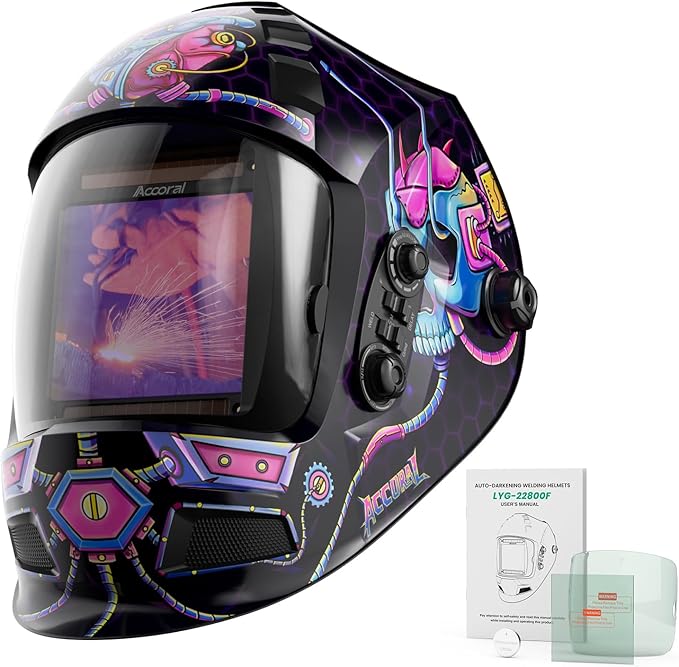3.94" x 3.66" Large Viewing Hemispherical lense Welding Helmet, 1/1/1/1 True Color Auto Darkening Welding Hood Mask, 4 Arc Sensor Wide Shade for TIG, MIG, ARC, Plasma Cut, Grind, Mecha Style