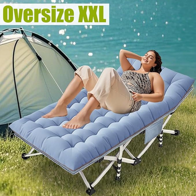 XXL Camping Cot Oversize Cots for Adults Extra Large Cots for Sleeping with Mattress Heavy Duty Camping Bed with Carry Bag Folding Cot for Hiking Camping Indoor Office Nap Vacation Easy to Set up