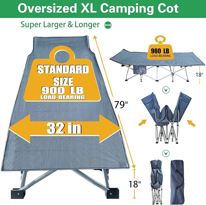 79" L x 32" W x 18" H Camping Cot with Comfortable Mattress for Adults Oversize XXL Cots for Sleeping Camping Bed Folding Cot Heavy Duty with Carry Bag for Home Outdoor Travel