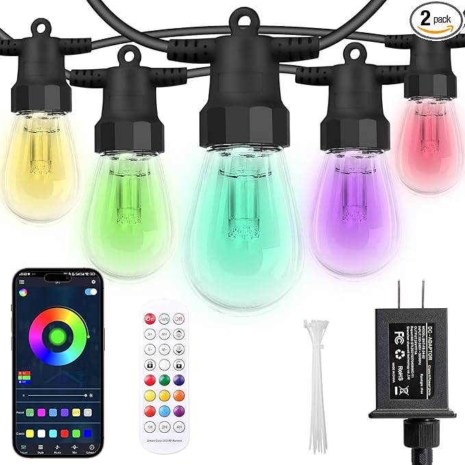 Outdoor String Lights 100FT (2×50FT), Patio Lights with 40 Dimmable RGBW LED Bulbs, IP66 Waterproof & Shatterproof, APP & Remote Control, 24V Adapter, Color Changing Lights for Backyard Decor