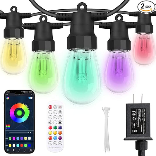 Outdoor String Lights 100FT (2×50FT), Patio Lights with 40 Dimmable RGBW LED Bulbs, IP66 Waterproof & Shatterproof, APP & Remote Control, 24V Adapter, Color Changing Lights for Backyard Decor