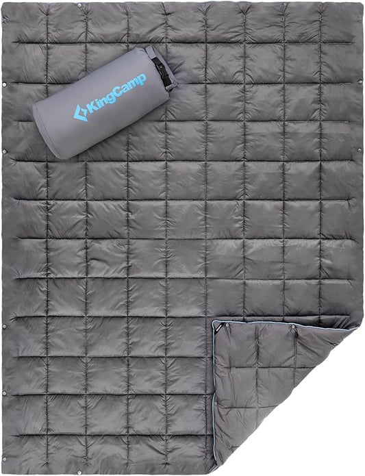 KingCamp Ultralight Camping Blanket, Packable Down Alternative Puffy Wearable Blankets Weatherproof Warm Package Quilt with Snap Buttons for Outdoor Hiking Travel Picnic Stadium (69" x 53", CHARCOAL)