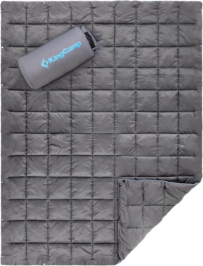 KingCamp Ultralight Camping Blanket, Packable Down Alternative Puffy Wearable Blankets Weatherproof Warm Package Quilt with Snap Buttons for Outdoor Hiking Travel Picnic Stadium (69" x 53", CHARCOAL)