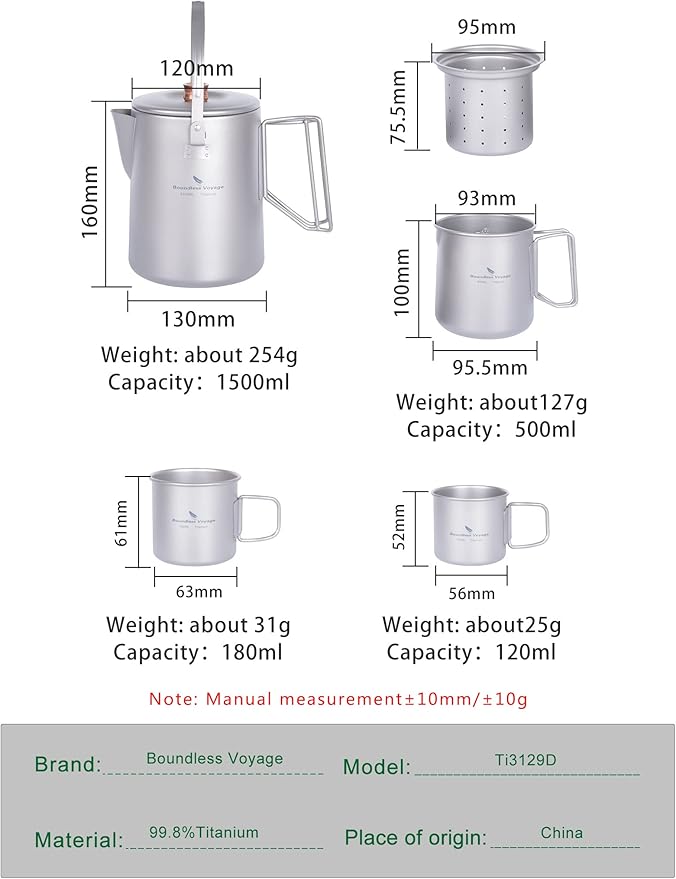 Boundless Voyage Titanium Camping Coffee Pot 1500ml Barista Kettle for Making Coffee, Boiling Water - Outdoor Traveling Campfire Stovetop Fast Brew (Kettle+3 Cups Set)
