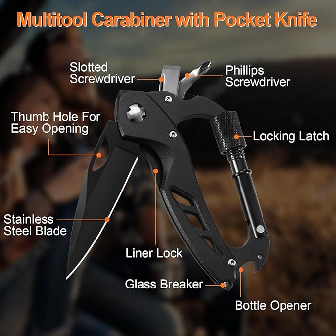 Multitool Carabiner with Pocket Knife, Birthday Gifts for Men Him Boyfriend, EDC Carabiners with Folding Knives, Bottle Opener, Window Breaker and Screwdriver, Survival Gear for Camping Hiking