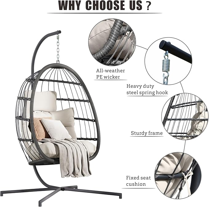 HWB Hanging Egg Chair with Stand, Swing Hammock Chair with Cushion for Indoor Outdoor, Patio Wicker Egg Swing Chair for Balcony Furniture, White