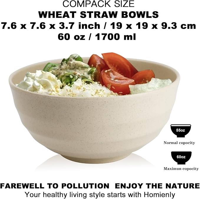 Homienly Wheat Straw Bowl Set, Large Cereal Bowls 6 PCS, Salad Bowls, Large Soup Bowl,Serving Bowl for Kitchen, Picnic, RV, Camping, 60 OZ Microwave and Dishwasher Safe Big Bowl Set- Beige
