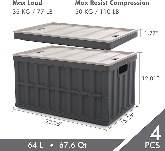 Citylife 64L Collapsible Storage Bins with Lids Plastic Storage Containers for Organizing Stackable Storage Box Large Heavy Duty Utility Crates, 4 Packs