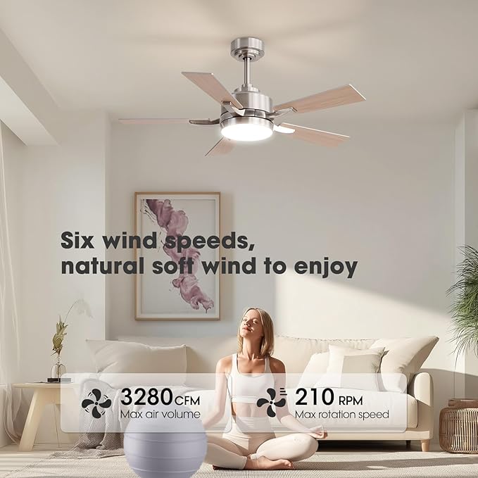Ceiling Fan with Light, 42" Modern Low Profile Ceiling Fan with Light, DC Reversible Motor, Smart APP & Remote Control, Whisper Quiet, Dimmable LED for Bedroom/Living Room