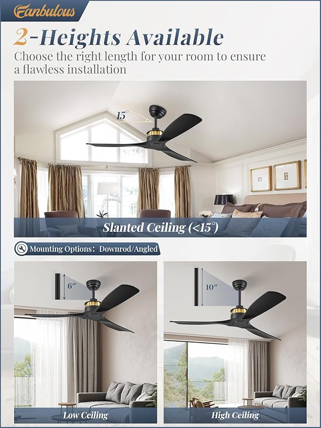 52" Ceiling Fans without Lights, Flush Mount Ceiling Fan with Remote Control,Modern Outdoor Ceiling Fans with 2 Downrods 6-Speeds Reversible DC Motor for Patio Bedroom Living Room