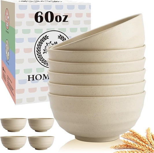 Homienly Wheat Straw Bowl Set, Large Cereal Bowls 6 PCS, Salad Bowls, Large Soup Bowl,Serving Bowl for Kitchen, Picnic, RV, Camping, 60 OZ Microwave and Dishwasher Safe Big Bowl Set- Beige