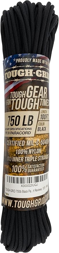 TOUGH-GRID Paracord Rope 750 lbs Nylon Parachute Cord, Made in USA Survival Kit, Outdoor Adventures, Camping, Tactical Gear & Emergency Supplies, Military Type IV Mil-Spec