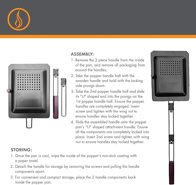 Outset Non-Stick Popcorn Tray With Removable Handle For Grill, Stove and Campfire