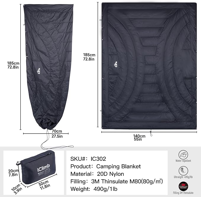 iClimb 3M Thinsulate Insulation Warm Camping Blanket Ultralight Compact