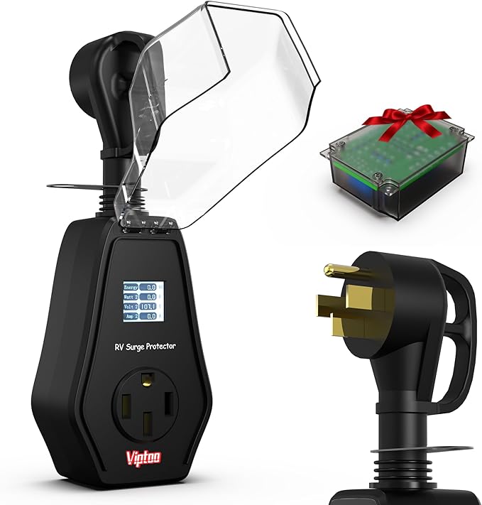 RV Surge Protector 50 Amp with Extra Replacement Module, 1.77" Smart LED Display, 12000 Joules Circuit Analyzer, Waterproof Design with Oversized Cover for Camper & Trailer Power Plug