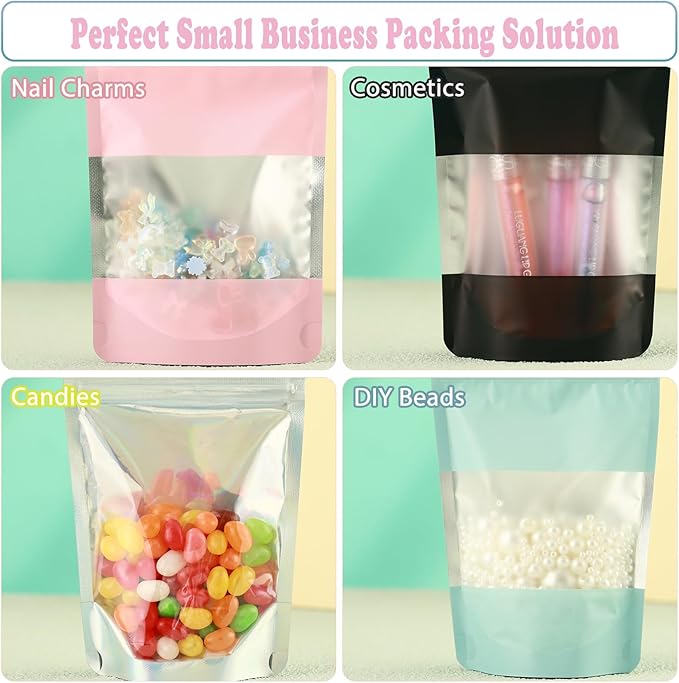 200 Pcs Mylar Bags for Food Storage 6x9 Mylar Bag with Window, Foil Stand Up Resealable Bags for Food, Smell Proof Bag Freeze Dried Candy Packaging Sealable Pouch Jewelry Bracelet Pouch Green