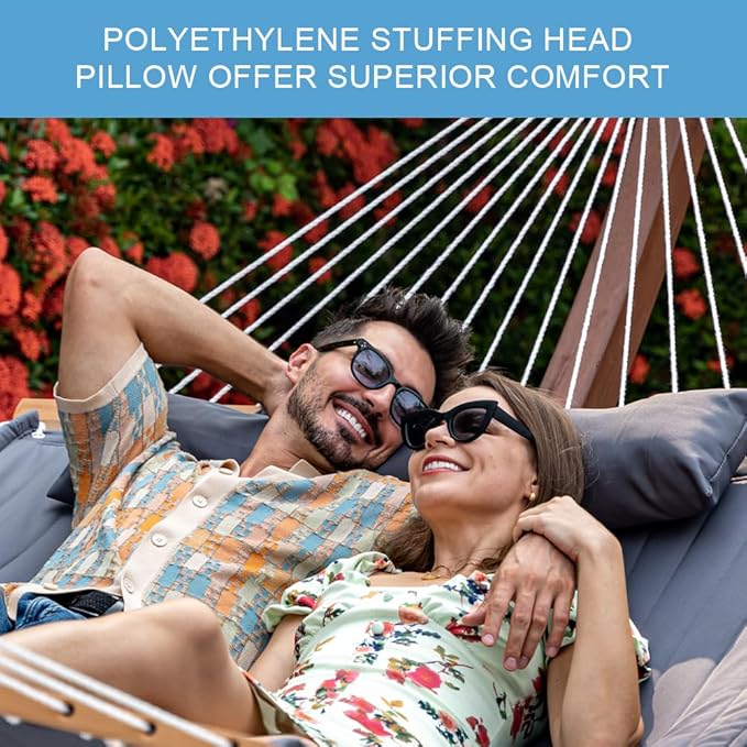 Lazy Daze Hammocks 12 FT Quilted Fabric Hammock with Spreader Bar, 2-Person Double Hammock with Chains and Pillow, Outdoor Hammock for Outside Patio Poolside Backyard Beach, 450 lbs Capacity, Gray