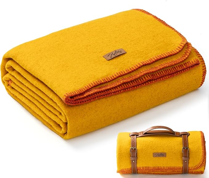 100% Wool Blanket, 62" x 86", Warm, Thick, Washable, Military Wool Blanket, Great for Camping, Outdoors, Sporting Events, Survival Kits, Yellow