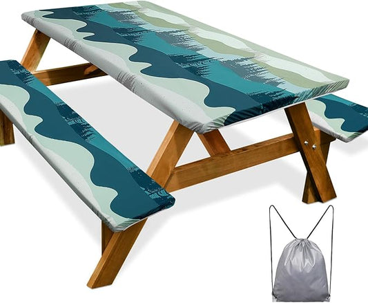 Picnic Table Cover with Bench Covers Camping Essentials Waterproof Windproof Camping Tablecloth with Drawstring Bag, Fitted Rectangle Tables and Seats, 60in, Green Blue