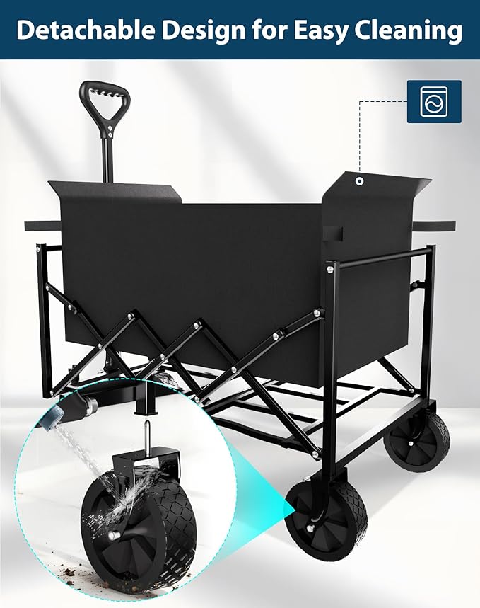 Lightweight Folding Wagon, Large Capacity Collapsible Grocery Cart on Big Wheels, Heavy Duty Foldable Shopping Carts, All-Terrain Outdoor Utility Carts for Camping, Sports, Garden, Beach, 4.5 Cu Ft