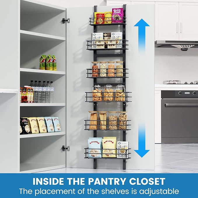 Adjustable 6-Tier Over the Door Pantry Organizer, Spice Rack, Narrow Hanging Shelf for Kitchen Storage and Organization