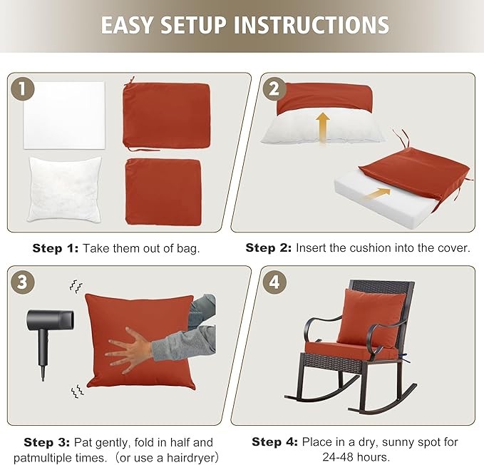 Outdoor Cushions for Patio Furniture, Waterproof Outdoor Chair Cushion w/Fade-Resistant, Removable & Machine-Washable Cover, 22x22 Inch, Deep Seat Sofa/Couch Pad Replacement – Set of 1/2/4, Rust