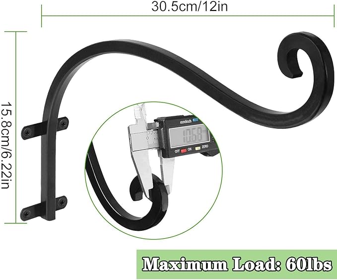 4Pack Heavy Duty Plant Hanger, 12inch Outdoor Hanging Plant Bracket, 60lbs Bearing Capacity Metal Wall Flower Pot Hanger Hooks, Wall Hanging Hooks for Wind Chimes, Bird Feeders, Lanterns