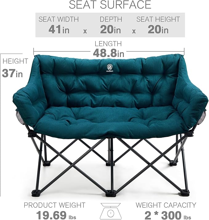 EVER ADVANCED Double Camping Chair for Adults, Padded Folding Camping Love Seat with Side Pocket Portable Camping Couch, Two Person Heavy Duty Folding Outdoor Chair with Cushion,Support 600lbs,Green