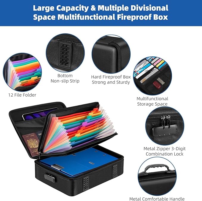 File Organizer, Hard Case Fireproof Document Box with Lock, Hard-Shell Important Document Organizer Safe Box Fireproof Waterproof, Home Office Supplies Storage and Organization (Black)