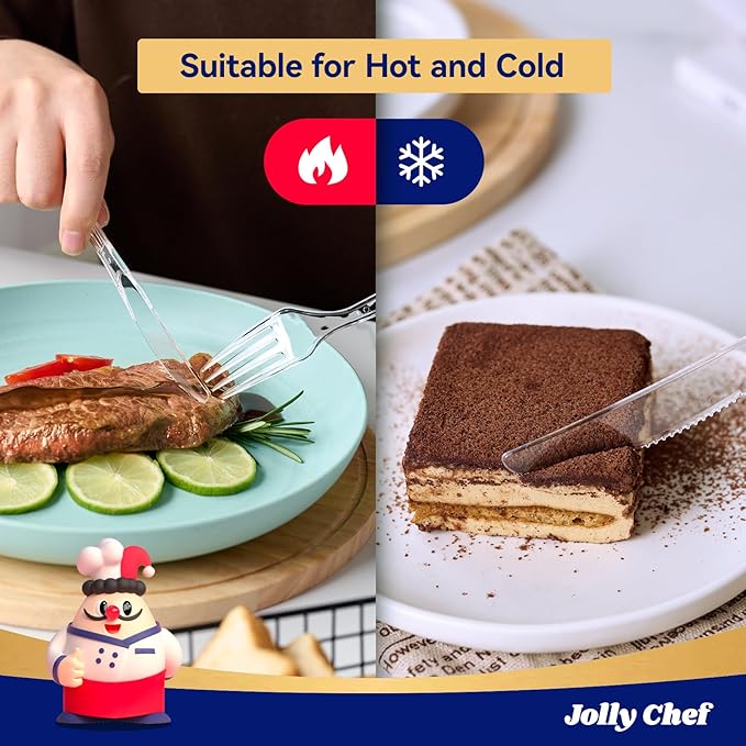 JOLLY CHEF 300 Count Clear Plastic Knives Heavy Duty, 7.7" Heat Resistant Solid and Durable Plastic Knives Disposable, Disposable Bulk Cutlery Perfect for Parties Supply Events Everyday Use