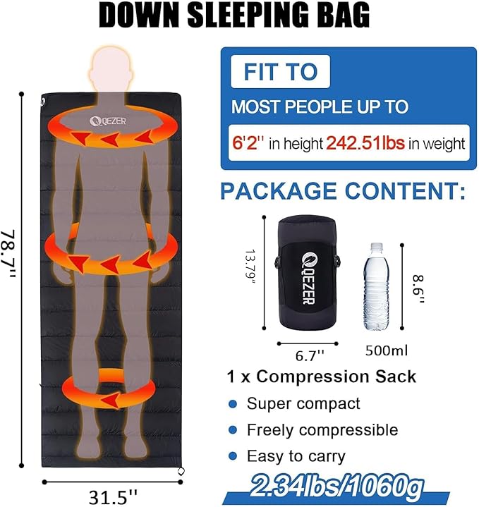 Down Sleeping Bag for Adults, Ultralight Wearable Sleeping Bag for Backpacking, Can Be Used as a Blanket or Mat