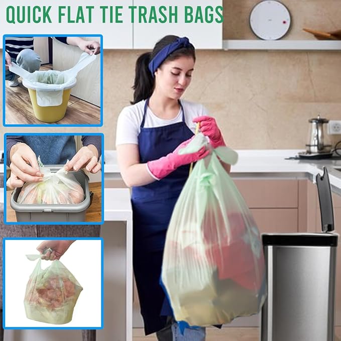 8-10 Gallon Flap Tie Compostable Trash Bags, 240 Count, Compost Bags Kitchen Trash Bags, Sturdy Biodegradable Garbage Bags Food Scrap Waste Bags, ASTM D6400, US BPI Certified, Green