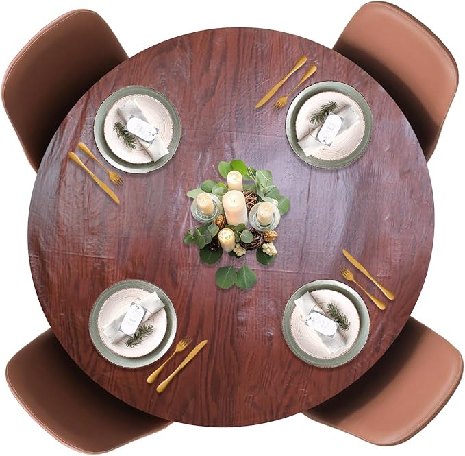 LAMINET Woodgrain Elastic Round Table Cover, Large, Mahogany Wood