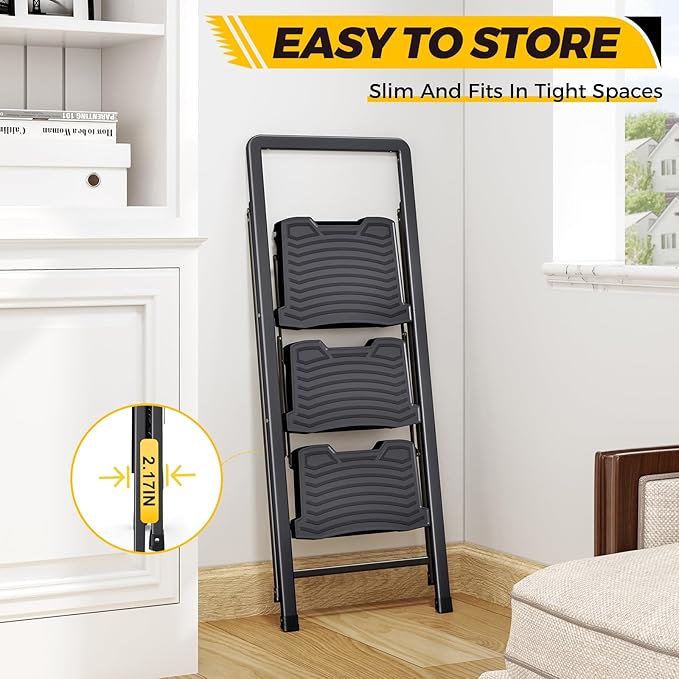 KINGRACK 3 Step Ladder 800lb Capacity, Folding Step Stool with Wide Anti-Slip Pedal & Safety Handrails, Lightweight Steel Ladder for Kitchen, Pantry, Office, Black