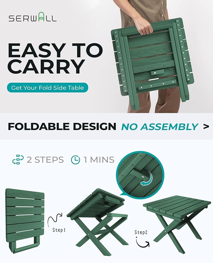 SERWALL Folding Outdoor Side Table Set of 2, Portable Adirondack Side Table, Green