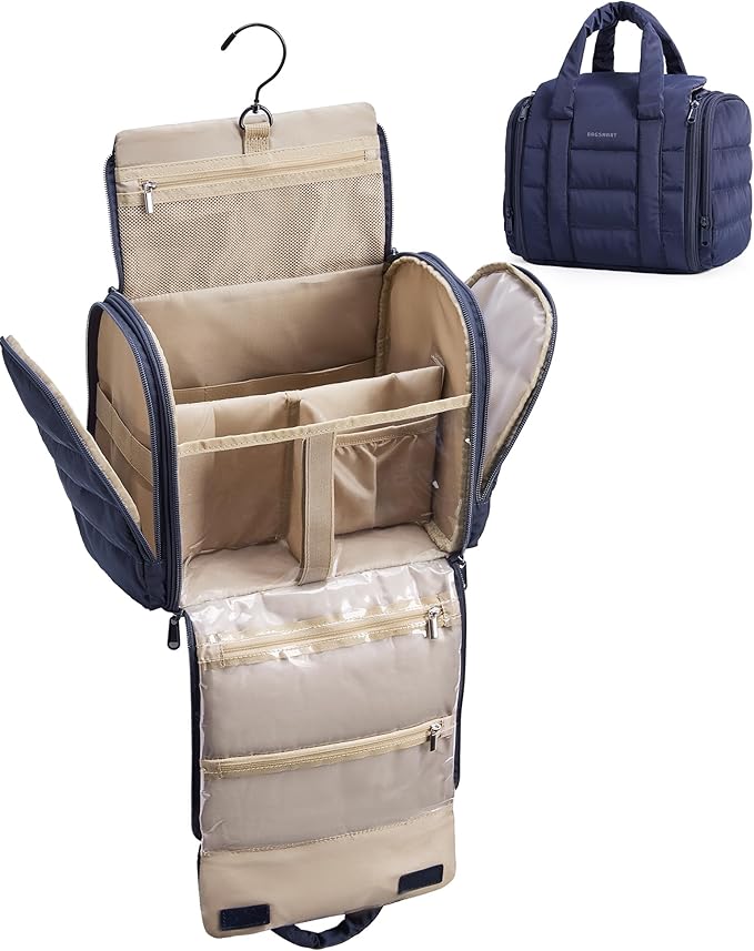 BAGSMART Makeup Bag Puffy Fabric Toiletry Bag, Removable Partition & Hanging Hook, Cosmetic Bag for Travel-Sized Shampoo, Conditioner, Brushes Set, Makeup Accessories, Medium Capacity, Navy Blue