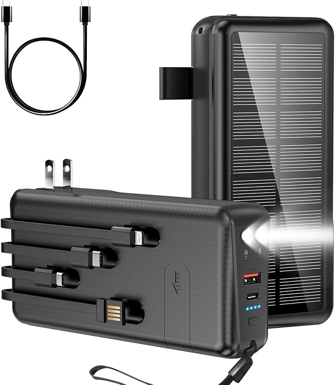 Portable Charger with Built in Cable and Wall Plug 50000mAh PD30W Fast Charging Solar Power Bank with 5 Output & 2 Input Dual LED Flashlights Phone Holder External Battery Pack (Black)
