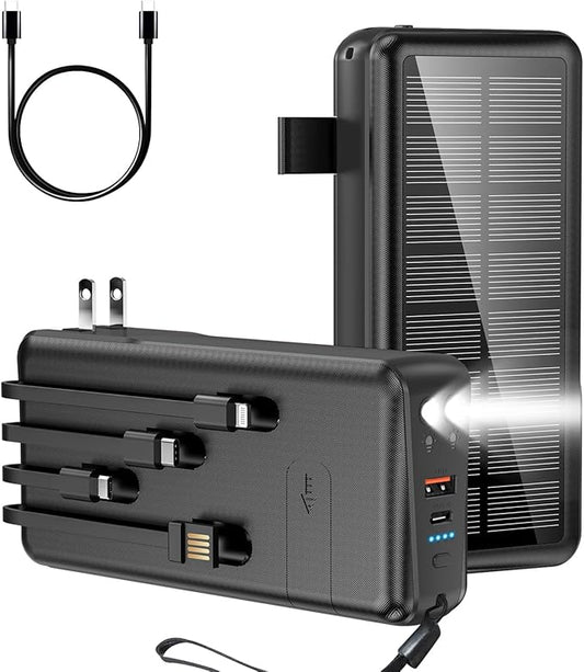 Portable Charger with Built in Cable and Wall Plug 50000mAh PD30W Fast Charging Solar Power Bank with 5 Output & 2 Input Dual LED Flashlights Phone Holder External Battery Pack (Black)