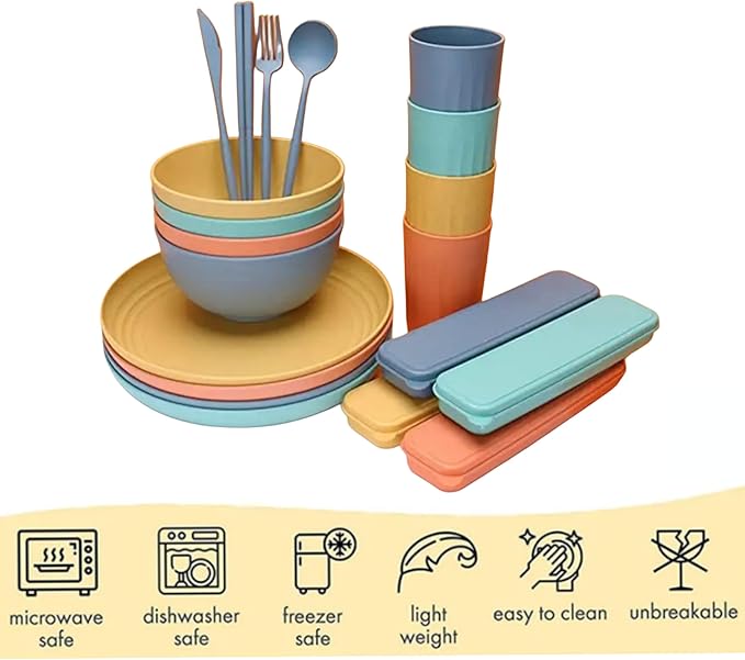 Unbreakable Wheat Straw Dinnerware Set for 4 (32 PCS) – Microwave & Dishwasher Safe – BPA-Free – Lightweight Plates, Bowls & Cups for Camping, Kids & Everyday Use