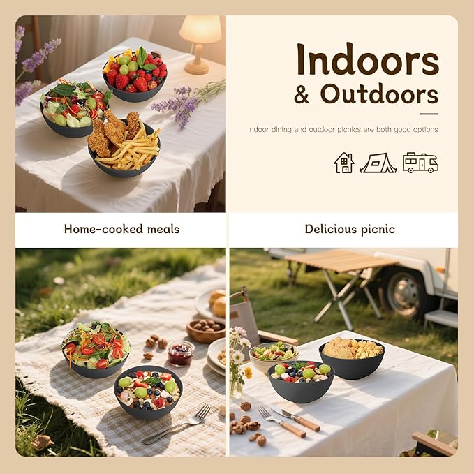 Black Cereal Bowls 40oz for Cereal Lover,Unbreakable Alternative Plastic Bowls Set of 6,Extra Thick Anti-Scald Bowl Sets suitable for Salad,Soup and Fruit.