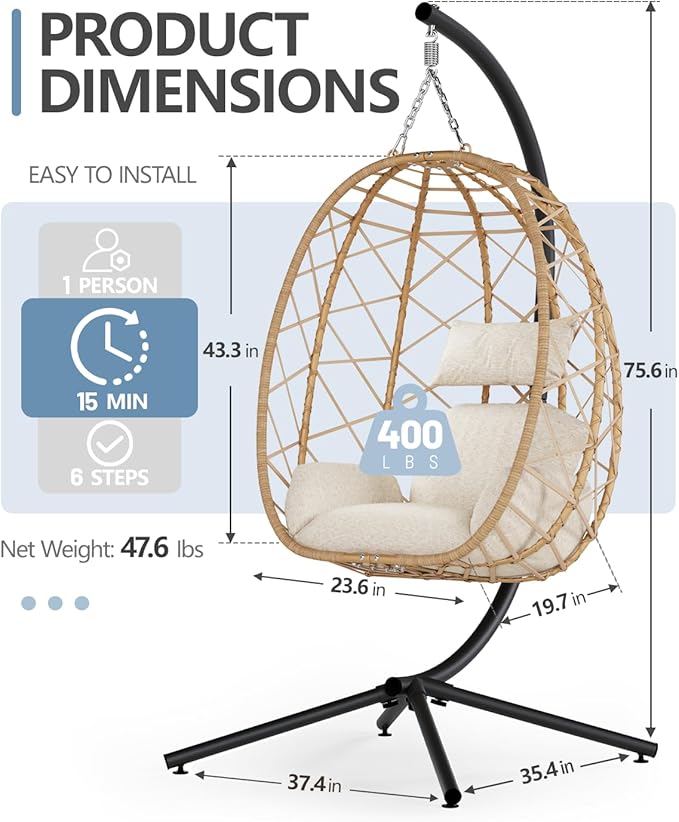 SWITTE Egg Swing Chair with Stand, Outdoor Patio Hanging Egg Chair, Indoor Hammock Chair with Cushion for Garden Backyard, 350LBS Capacity-Beige