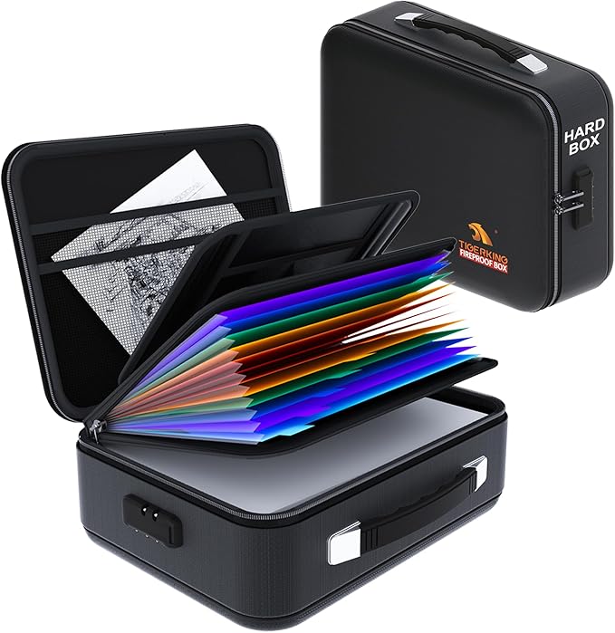 TIGERKING Fire Proof Document Safe Box with Lock and Handle – Fireproof Document Box Organizer with Hard Shell, Portable Fireproof Safe for Home Documents, Certificates, Laptop, and File Storage-Black