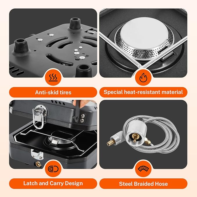 Dollate 2-Burner Propane Stove with Griddle and Carrying Bag, Portable Foldable Camping Stove with 2 Adjustable Burners 16000 BTUs,for Camping Tailgating Essentials Gear (Black)