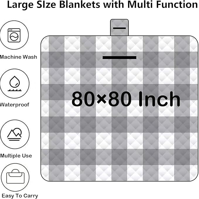 Waterproof Picnic Blanket Extra Large: 80"x80" Portable Outdoor Camping Blankets with Mat - 3 Layer Foldable Beach Blanket with Carry Strap & Sandproof Backing for Grass/Hiking/Travel/Concerts/Indoor