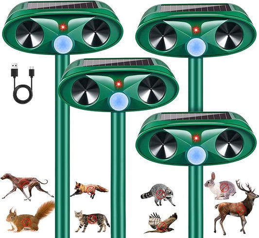 4 Pack 2025 Ultrasonic Solar Animal Repellent Outdoor, Squirrel Fortress Pro Deer Repellent Devices Motion Detection,Waterproof Repeller for Cat Mouse Raccoon Dog Rabbit,Garden Yard Protection