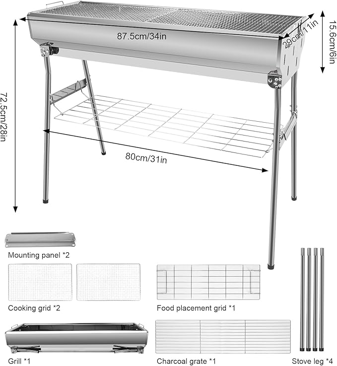 Portable Charcoal Grill, Foldable Stainless Steel Grill with Storage Shelf and non-slip feet - ideal for outdoor Kabob cooking, picnics and camping (lager)