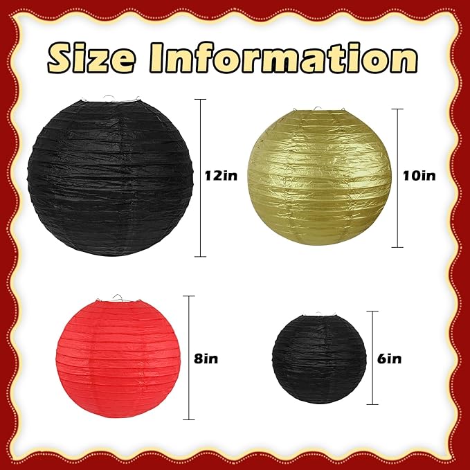 12Pcs Round Paper Lanterns Assorted Sizes (6" 8" 10" 12") for Home Decor, Wedding, Birthday, Casino Theme Party, Hibachi Party Decorations, Hanging Chinese Japanese Paper Lamps (Black Red Gold)
