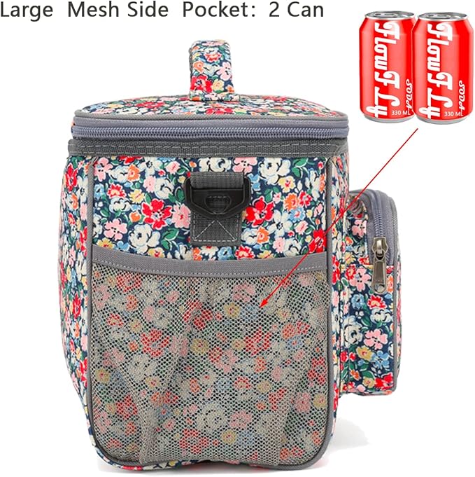FlowFly Insulated Reusable Lunch Bag Adult Large Lunch Box for Women and Men with Adjustable Shoulder Strap,Front Zipper Pocket and Dual Large Mesh Side Pockets,Floral