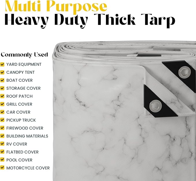 Core Tarps Extreme Heavy Duty 20 Mil Tarp Cover, Waterproof, UV Resistant, Rip and Tear Proof, Poly Tarpaulin with Reinforced Edges for Roof, Camping, Patio, Pool, Boat (Marble/White 12′ X 25′)
